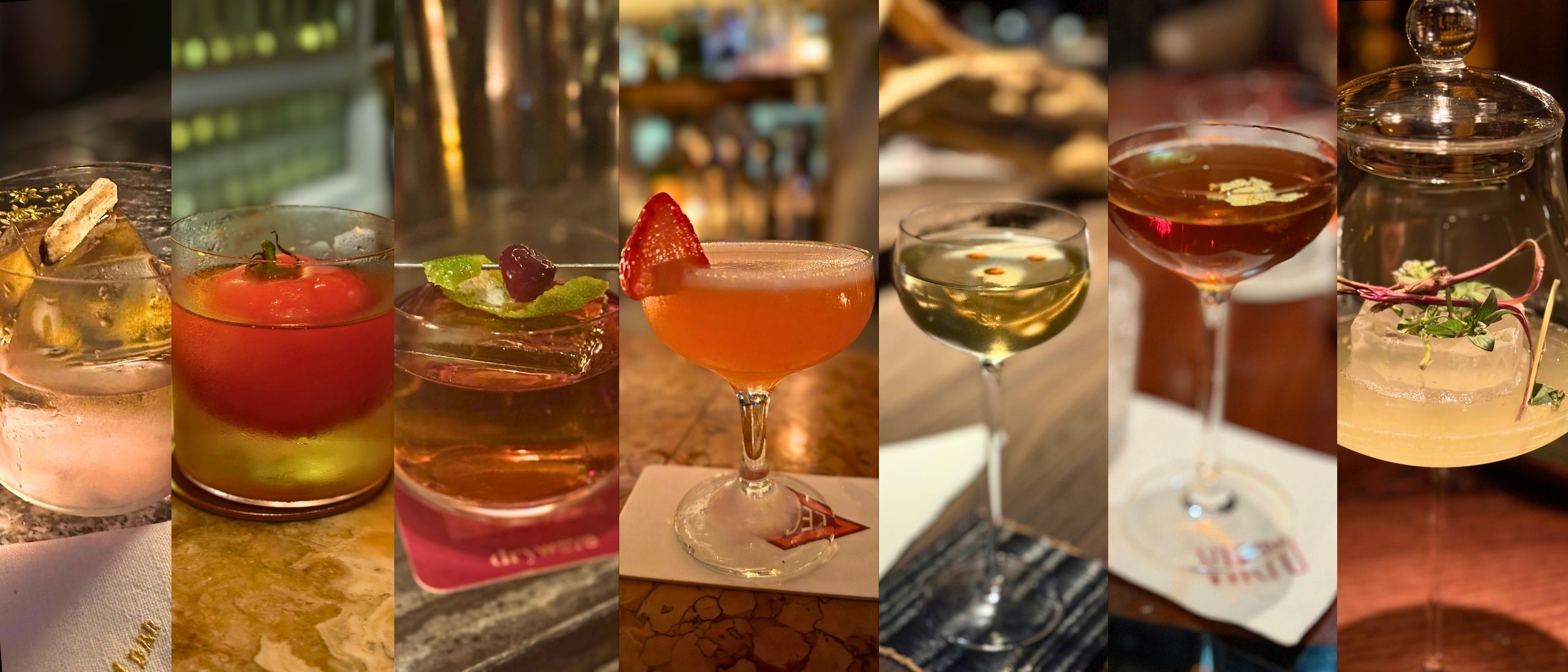 A row of cocktails from bars across Asia's 50 Best Bars 2026 list